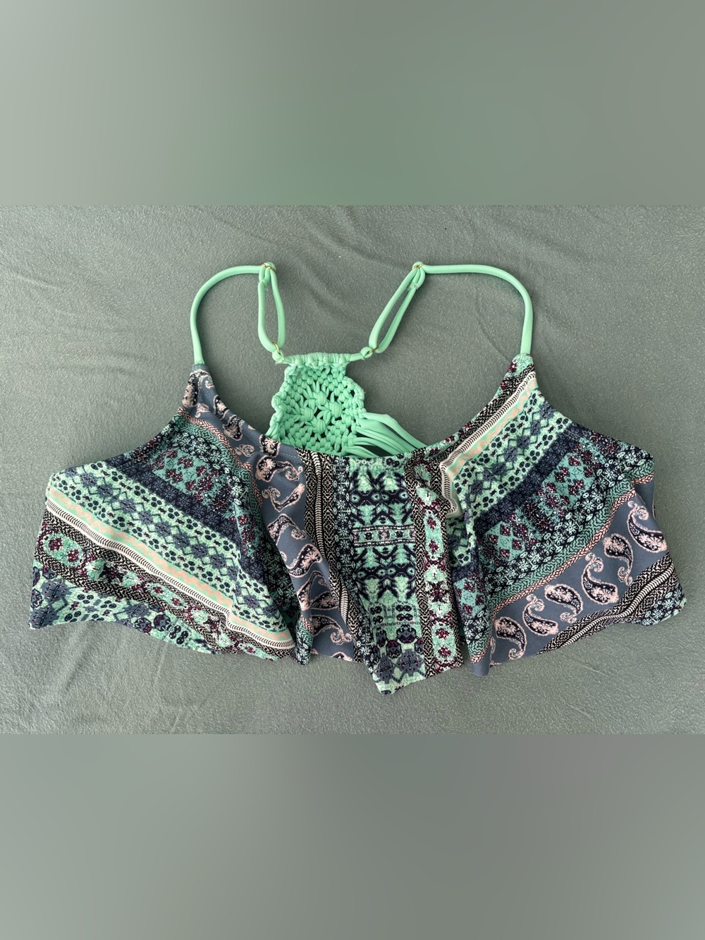 Arizona Jean Co Boho Bikini Top Mint Paisley Macramé L 00103